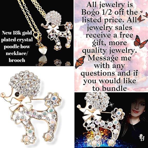 New 18k gold plated crystal poodle bow necklace/brooch - Picture 1 of 16